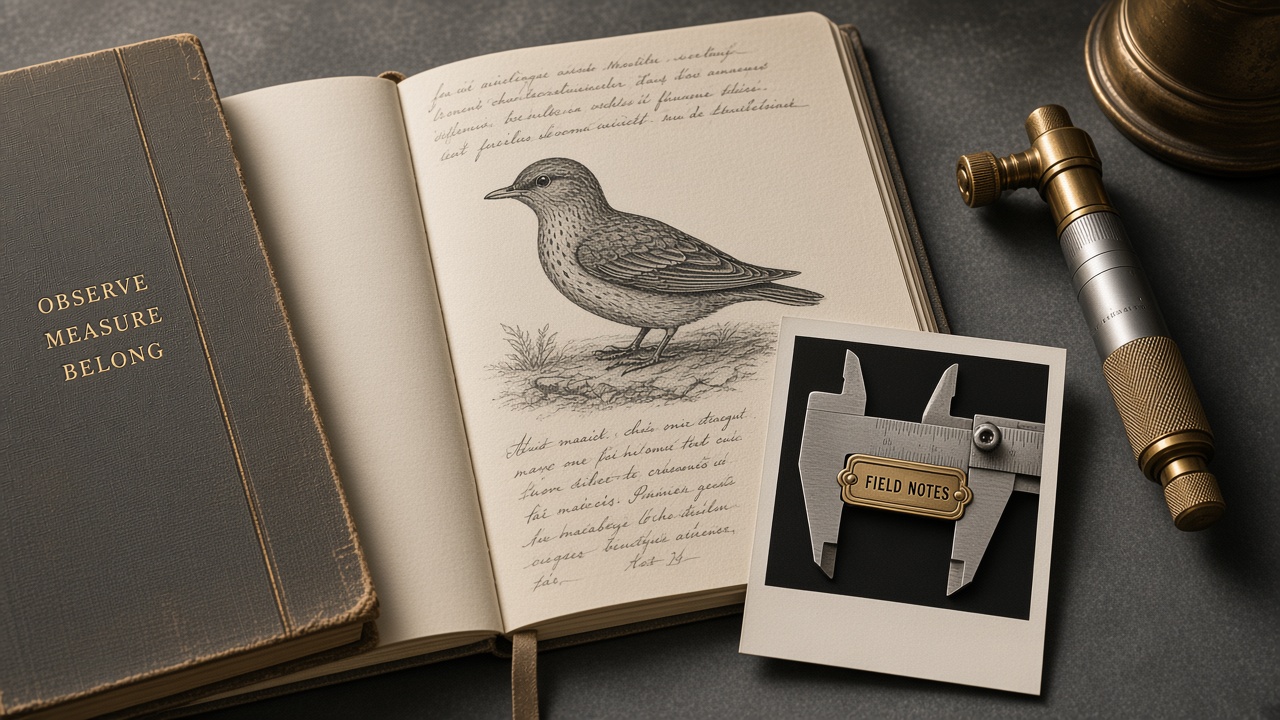 Field notebook with a bird study, a Polaroid of a caliper gripping a brass nameplate, and a brass micrometer.