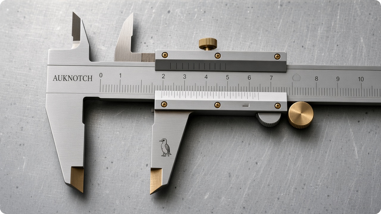 Brushed steel vernier caliper with brass fittings and an engraved Auknotch nameplate.
